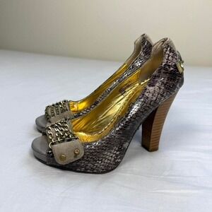 Vintage y2k Naughty Monkey snakeskin print brown heels with sick chain details